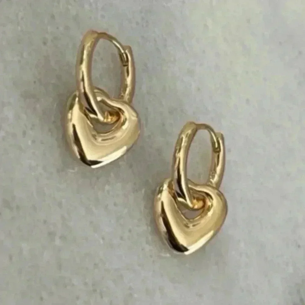 Gold Bubble Heart Charm Dangle Huggie Hoop Earrings - Picture 3 of 5